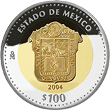 Reverso de la moneda bimet�lica conmemorativa de la Uni�n de los Estados en una Federaci�n, primera fase, her�ldica, Estado de M�xico