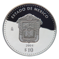 Reverso de la moneda de plata conmemorativa de la Unin de los Estados en una Federacin, primera fase, herldica, Estado de Mxico