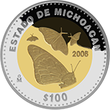 Reverso de la moneda bimetlica conmemorativa de la Unin de los Estados en una Federacin, segunda fase, emblemtica, Michoacn