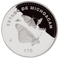 Reverso de la moneda de plata conmemorativa de la Unin de los Estados en una Federacin, segunda fase, emblemtica, Michoacn