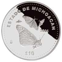 Reverso de la moneda de plata conmemorativa de la Uni�n de los Estados en una Federaci�n, segunda fase, emblem�tica, Michoac�n