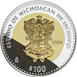 Reverso de la moneda bimet�lica conmemorativa de la Uni�n de los Estados en una Federaci�n, primera fase, her�ldica, Michoac�n