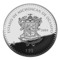 Reverso de la moneda de plata conmemorativa de la Unin de los Estados en una Federacin, primera fase, herldica, Michoacn