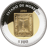 Reverso de la moneda bimetlica conmemorativa de la Unin de los Estados en una Federacin, primera fase, herldica, Morelos
