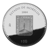 Reverso de la moneda de plata conmemorativa de la Unin de los Estados en una Federacin, primera fase, herldica, Morelos