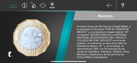 Imagen latente en la moneda del bicentenario de la Independencia Nacional en la aplicación para dispositivos móviles MonedasMx