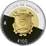 Reverso de la moneda bimetlica conmemorativa de la Unin de los Estados en una Federacin, primera fase, herldica, Nayarit