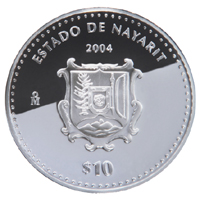 Reverso de la moneda de plata conmemorativa de la Unin de los Estados en una Federacin, primera fase, herldica, Nayarit