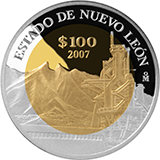 Reverso de la moneda bimetlica conmemorativa de la Unin de los Estados en una Federacin, segunda fase, emblemtica, Nuevo Len