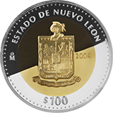 Reverso de la moneda bimetlica conmemorativa de la Unin de los Estados en una Federacin, primera fase, herldica, Nuevo Len
