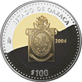 Reverso de la moneda bimet�lica conmemorativa de la Uni�n de los Estados en una Federaci�n, primera fase, her�ldica, Oaxaca