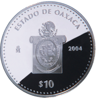 Reverso de la moneda de plata conmemorativa de la Unin de los Estados en una Federacin, primera fase, herldica, Oaxaca