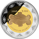 Reverso de la moneda bimet�lica conmemorativa de la Uni�n de los Estados en una Federaci�n, segunda fase, emblem�tica, Puebla