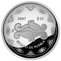 Reverso de la moneda de plata conmemorativa de la Unin de los Estados en una Federacin, segunda fase, emblemtica, Puebla
