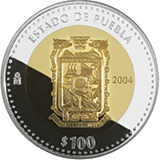 Reverso de la moneda bimetlica conmemorativa de la Unin de los Estados en una Federacin, primera fase, herldica, Puebla