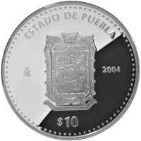 Reverso de la moneda de plata conmemorativa de la Unin de los Estados en una Federacin, primera fase, herldica, Puebla