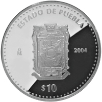 Reverso de la moneda de plata conmemorativa de la Uni�n de los Estados en una Federaci�n, primera fase, her�ldica, Puebla