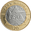 Reverso de la moneda de 20 pesos, conmemorativa del 50 Aniversario de la Aplicación del Plan Marina