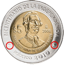 Reverso de la moneda de 5 pesos, conmemorativa del bicentenario de la Independencia, Primo de Verdad con puntos