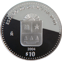 Reverso de la moneda de plata conmemorativa de la Unin de los Estados en una Federacin, primera fase, herldica, Quintana Roo