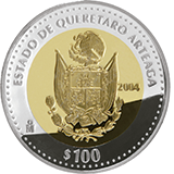 Reverso de la moneda bimetlica conmemorativa de la Unin de los Estados en una Federacin, primera fase, herldica, Quertaro