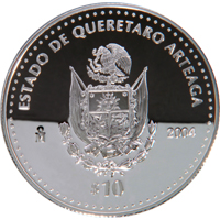 Reverso de la moneda de plata conmemorativa de la Unin de los Estados en una Federacin, primera fase, herldica, Quertaro