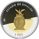 Reverso de la moneda bimetlica conmemorativa de la Unin de los Estados en una Federacin, primera fase, herldica, Sinaloa