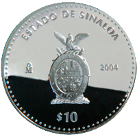 Reverso de la moneda de plata conmemorativa de la Unin de los Estados en una Federacin, primera fase, herldica, Sinaloa