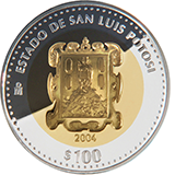 Reverso de la moneda bimetlica conmemorativa de la Unin de los Estados en una Federacin, primera fase, herldica, San Luis Potos