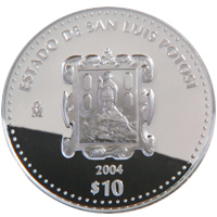 Reverso de la moneda de plata conmemorativa de la Uni�n de los Estados en una Federaci�n, primera fase, her�ldica, San Luis Potos�