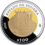 Reverso de la moneda bimetlica conmemorativa de la Unin de los Estados en una Federacin, segunda fase, emblemtica, Sonora