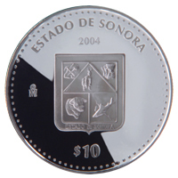 Reverso de la moneda de plata conmemorativa de la Unin de los Estados en una Federacin, primera fase, herldica, Sonora