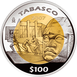 Reverso de la moneda bimetlica conmemorativa de la Unin de los Estados en una Federacin, segunda fase, emblemtica, Tabasco