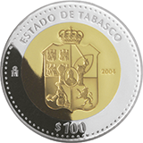 Reverso de la moneda bimetlica conmemorativa de la Unin de los Estados en una Federacin, primera fase, herldica, Tabasco