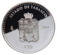 Reverso de la moneda de plata conmemorativa de la Uni�n de los Estados en una Federaci�n, primera fase, her�ldica, Tabasco