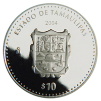 Reverso de la moneda de plata conmemorativa de la Unin de los Estados en una Federacin, primera fase, herldica, Tamaulipas