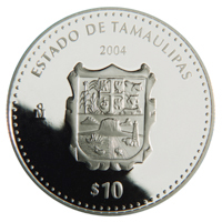 Reverso de la moneda de plata conmemorativa de la Uni�n de los Estados en una Federaci�n, primera fase, her�ldica, Tamaulipas