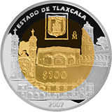 Reverso de la moneda bimetlica conmemorativa de la Unin de los Estados en una Federacin, segunda fase, emblemtica, Tlaxcala