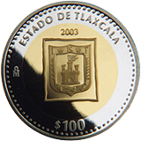 Reverso de la moneda bimetlica conmemorativa de la Unin de los Estados en una Federacin, primera fase, herldica, Tlaxcala