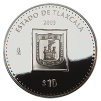 Reverso de la moneda de plata conmemorativa de la Unin de los Estados en una Federacin, primera fase, herldica, Tlaxcala