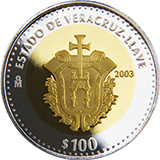 Reverso de la moneda bimetlica conmemorativa de la Unin de los Estados en una Federacin, primera fase, herldica, Veracruz