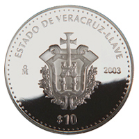 Reverso de la moneda de plata conmemorativa de la Unin de los Estados en una Federacin, primera fase, herldica, Veracruz