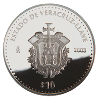 Reverso de la moneda de plata conmemorativa de la Uni�n de los Estados en una Federaci�n, primera fase, her�ldica, Veracruz