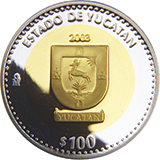 Reverso de la moneda bimetlica conmemorativa de la Unin de los Estados en una Federacin, primera fase, herldica, Yucatn