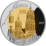 Reverso de la moneda bimetlica conmemorativa de la Unin de los Estados en una Federacin, segunda fase, emblemtica, Zacatecas