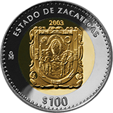 Reverso de la moneda bimetlica conmemorativa de la Unin de los Estados en una Federacin, primera fase, herldica, Zacatecas
