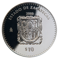 Reverso de la moneda de plata conmemorativa de la Unin de los Estados en una Federacin, primera fase, herldica, Zacatecas