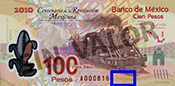Señalización de la ubicación de un ejemplo de fondos lineales en el anverso del billete de 100 pesos de la familia F, conmemorativo de la Revolución