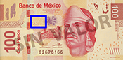 Señalización de la ubicación de un ejemplo de fondos lineales en el anverso del billete de 100 pesos de la familia F