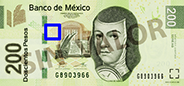 Señalización de la ubicación de un ejemplo de fondos lineales en el anverso del billete de 200 pesos de la familia F